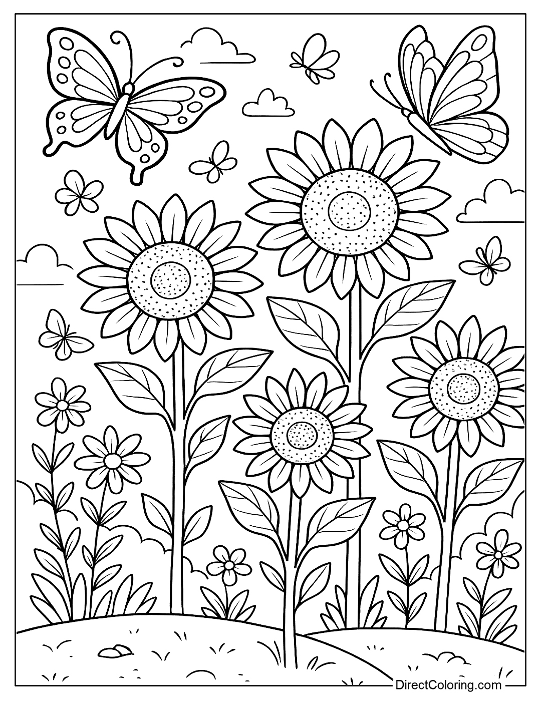 coloring page of Summer Garden filled with sunflowers and butterflies
